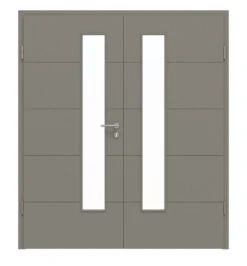 HÖRMANN Doppelflügeltür Groove 15 Staubgrau RAL 7037 Lack DesignLine Mit Lichtausschnitt LA 24 Schlossseitig Mit Zarge