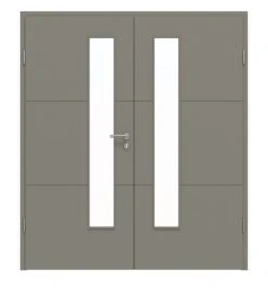HÖRMANN Doppelflügeltür Groove 31 Staubgrau RAL 7037 Lack DesignLine Mit Lichtausschnitt LA 24 Schlossseitig Mit Zarge