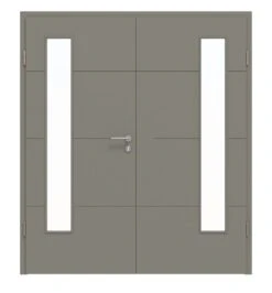 HÖRMANN Doppelflügeltür Groove 34 Staubgrau RAL 7037 Lack DesignLine Mit Lichtausschnitt LA 24 Bandseitig Mit Zarge