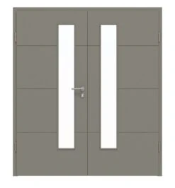 HÖRMANN Doppelflügeltür Groove 34 Staubgrau RAL 7037 Lack DesignLine Mit Lichtausschnitt LA 24 Schlossseitig Mit Zarge