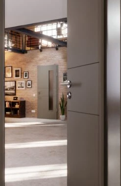 HÖRMANN Innentür Groove 29 Staubgrau RAL 7037 Lack DesignLine Mit Lichtausschnitt LA 24 Bandseitig -Türen Verkauf 2.3 innentueren groove 29 la 24 b ral7037 225962 stilwelt closeup